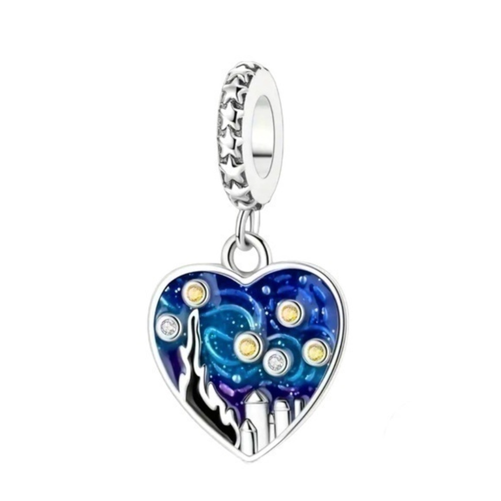 S925 Sterling Silver Van Gogh Starry Night Heart Charm - NWT